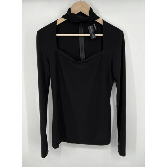 Norma Kamali Cut Out Turtleneck Top Size Medium 38 Pullover Thumb Holes Black - Picture 1 of 4